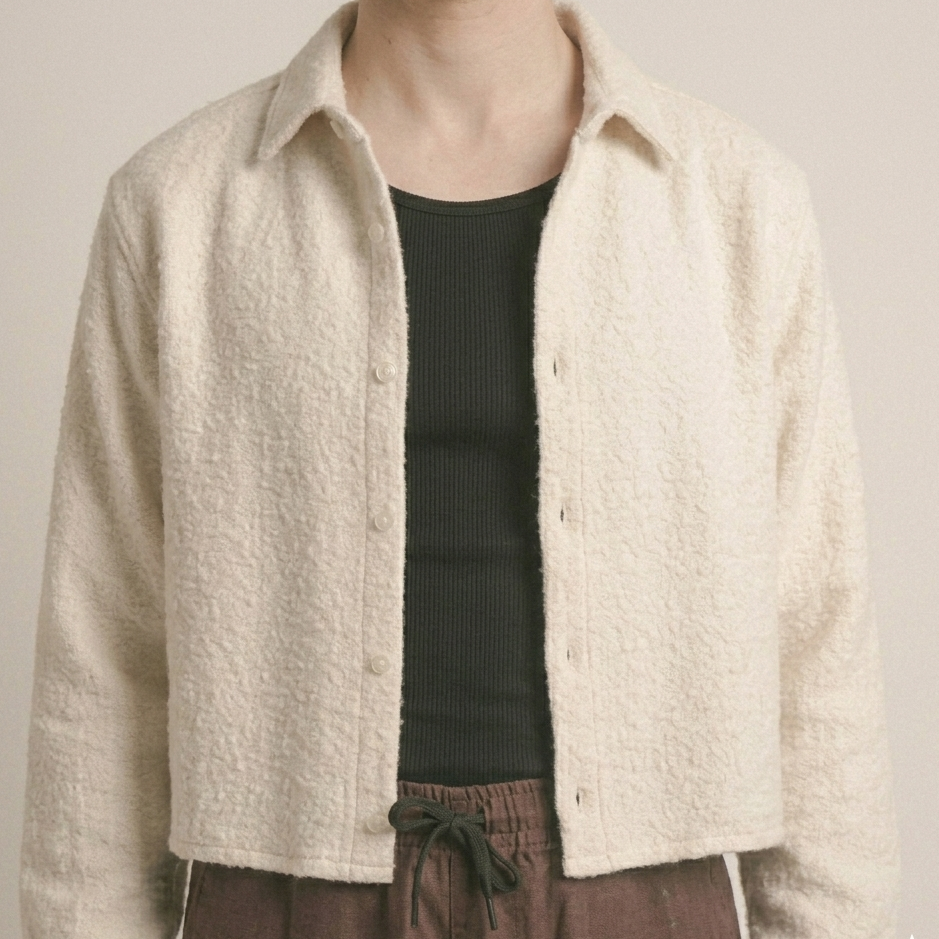 Cropped Bouclé Overshirt — Raw Cream